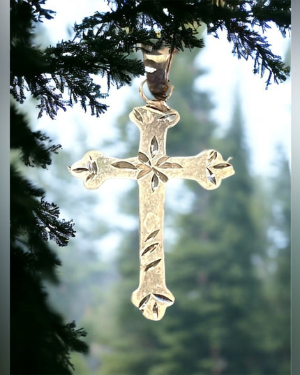 Antique Handmade sterling silver etched cross religious pendant