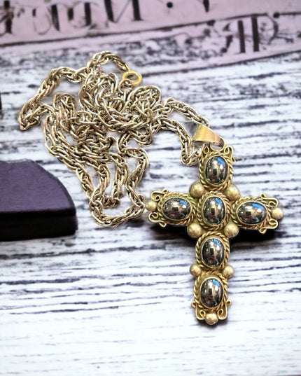 Vintage Mexico Alpaca Silver ornate hematite stone cross ornate necklace
