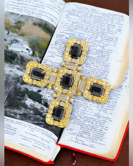 Vintage Ornate art deco style 1980s crystal brooch pendant cross gold