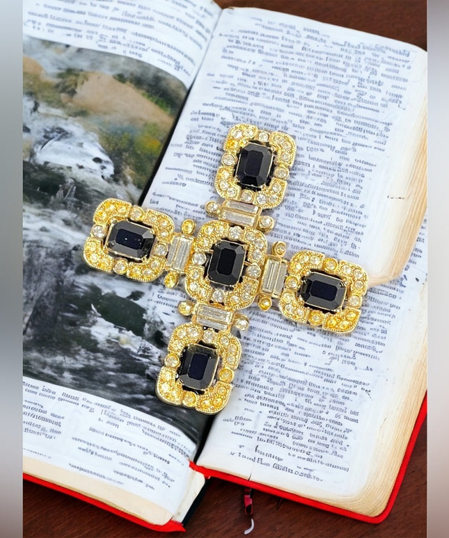 Vintage Ornate art deco style 1980s crystal brooch pendant cross gold
