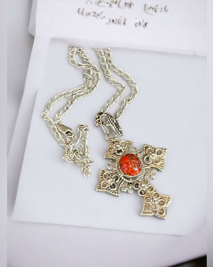 Vintage Sterling silver 900 Jerusalem cross with stone necklace etched handmade