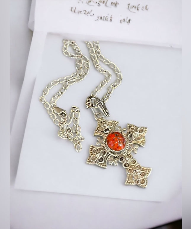 Vintage Sterling silver 900 Jerusalem cross with stone necklace etched handmade