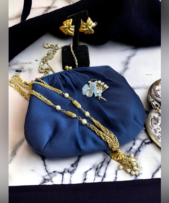 Vintage Lot Evening bag, gold necklace, flower brooch, earrings gold finish
