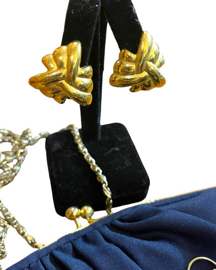 Vintage Lot Evening bag, gold necklace, flower brooch, earrings gold finish