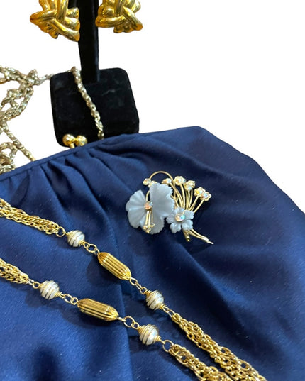Vintage Lot Evening bag, gold necklace, flower brooch, earrings gold finish