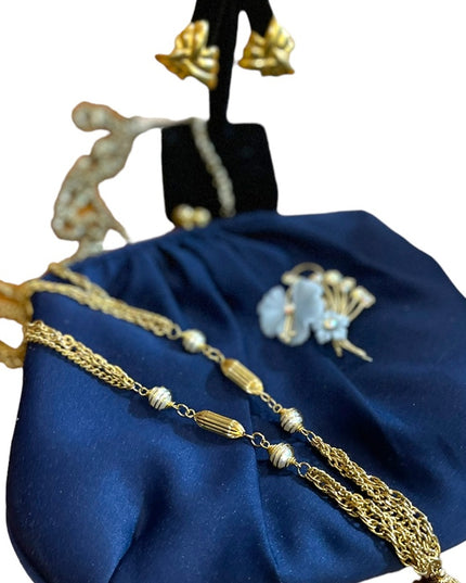 Vintage Lot Evening bag, gold necklace, flower brooch, earrings gold finish