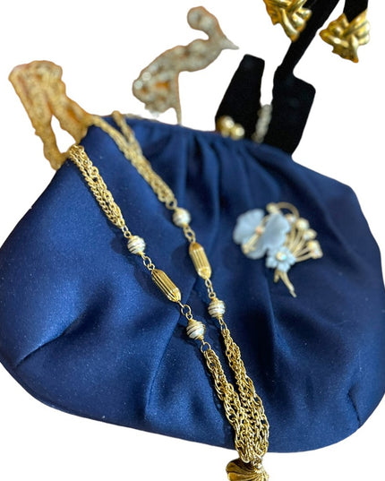 Vintage Lot Evening bag, gold necklace, flower brooch, earrings gold finish