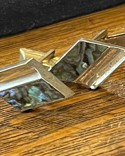 VINTAGE Modernist ABALONE Signed CJ TAXCO MEXICO STERLING CUFFLINKS