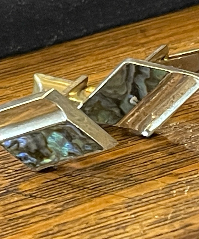 VINTAGE Modernist ABALONE Signed CJ TAXCO MEXICO STERLING CUFFLINKS