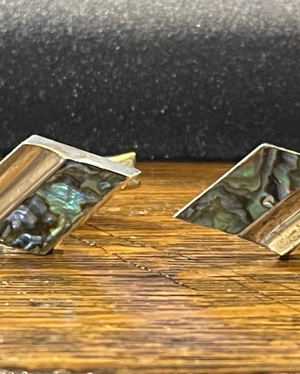VINTAGE Modernist ABALONE Signed CJ TAXCO MEXICO STERLING CUFFLINKS