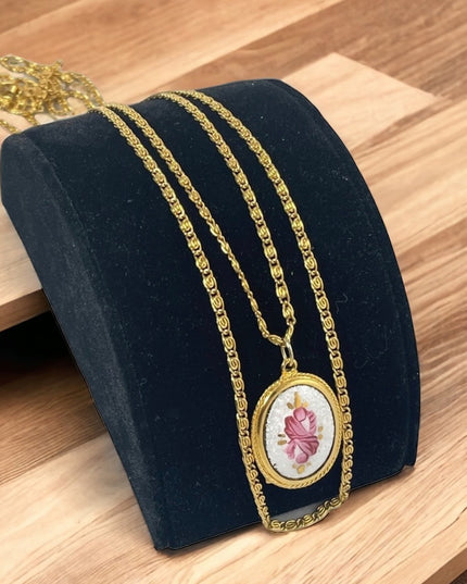 Vintage Goldette NY gold hand painted Guilloche pendant 2 strand LONG necklace