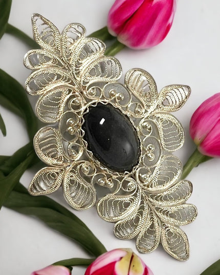 Vintage Large silver filagree black stone fancy bar brooch