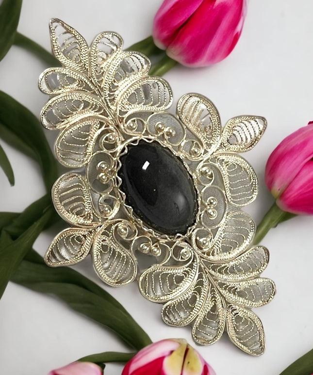 Vintage Large silver filagree black stone fancy bar brooch