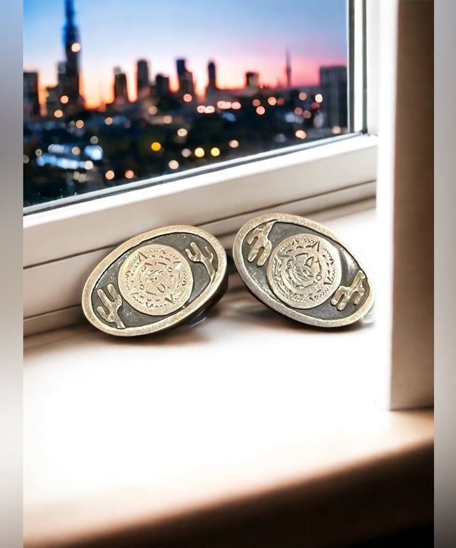 Vintage 1960s sterling silver 925 Mayan Aztec Mexico Cactus Cufflinks