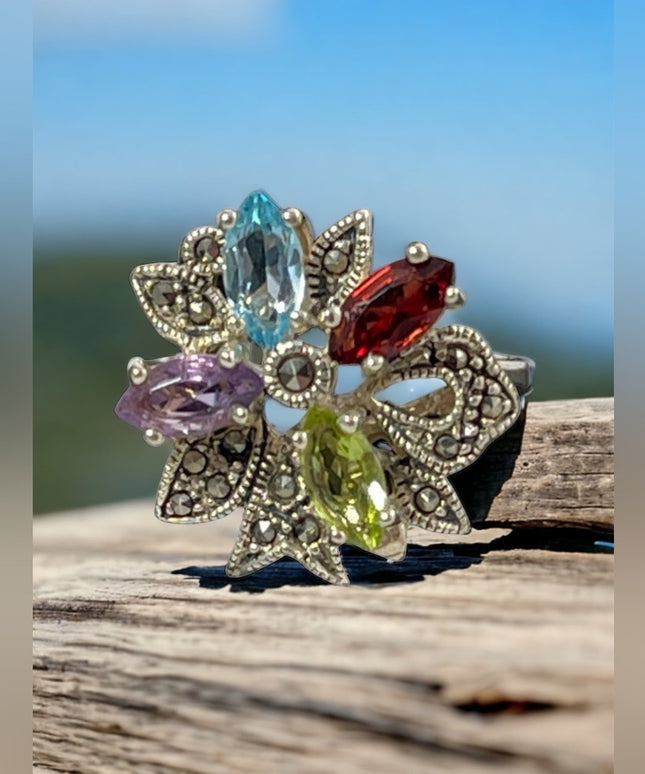 Vintage multi gemstone peridot garnet amethyst topaz marcasite fancy dinner ring