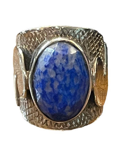 Sterling silver heavy Etched hand made hammered Bali Blue stone ring cigar band