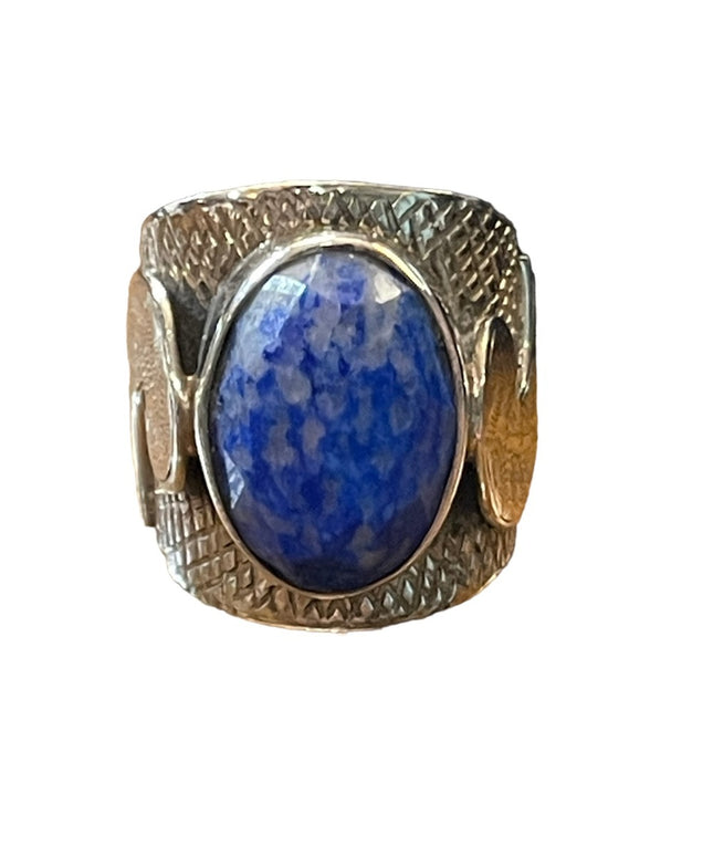 Sterling silver heavy Etched hand made hammered Bali Blue stone ring cigar band