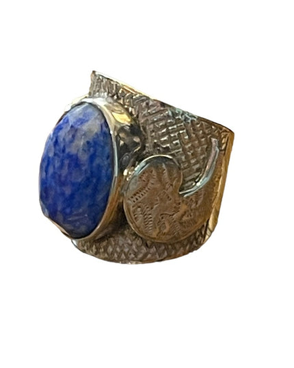 Sterling silver heavy Etched hand made hammered Bali Blue stone ring cigar band