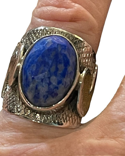 Sterling silver heavy Etched hand made hammered Bali Blue stone ring cigar band