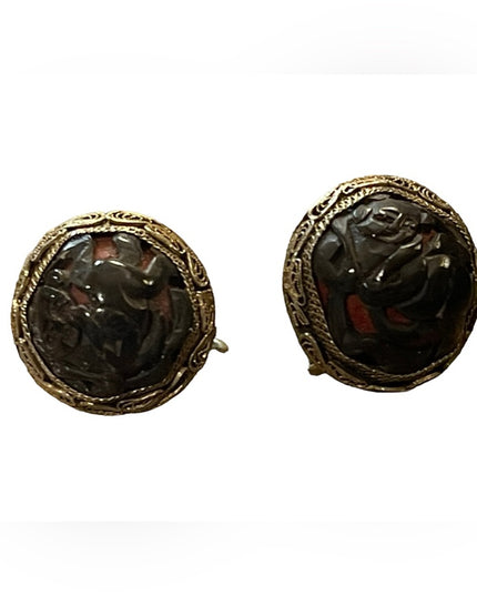 Antique Buddah wrapped in ribbon Chinese export filagree Screw earrings Cinnabar