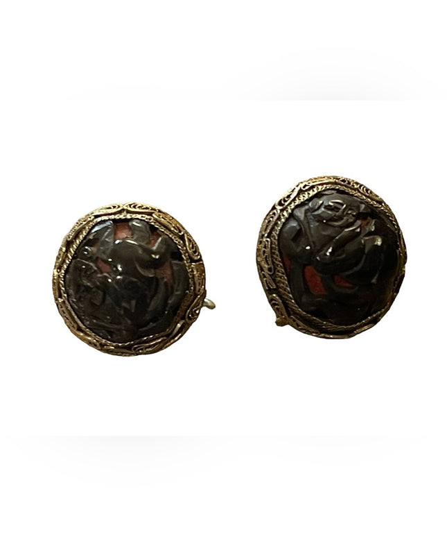 Antique Buddah wrapped in ribbon Chinese export filagree Screw earrings Cinnabar