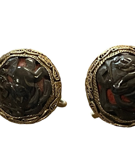 Antique Buddah wrapped in ribbon Chinese export filagree Screw earrings Cinnabar
