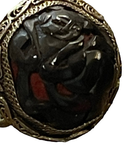 Antique Buddah wrapped in ribbon Chinese export filagree Screw earrings Cinnabar