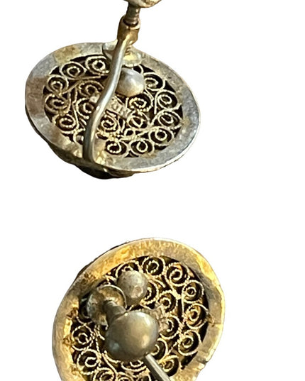 Antique Buddah wrapped in ribbon Chinese export filagree Screw earrings Cinnabar