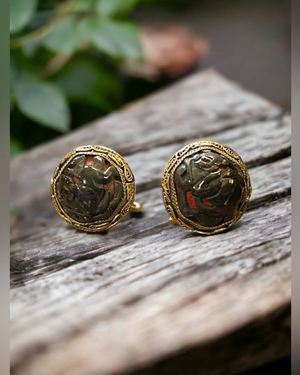 Antique Buddah wrapped in ribbon Chinese export filagree Screw earrings Cinnabar