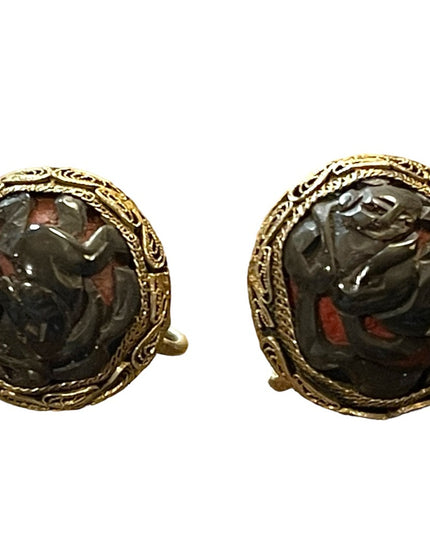 Antique Buddah wrapped in ribbon Chinese export filagree Screw earrings Cinnabar