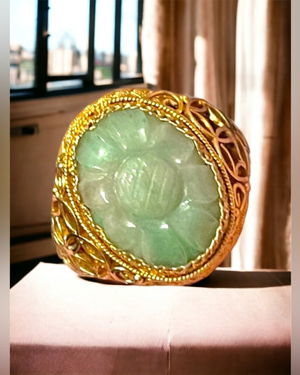 Chinese Antique Art Deco  Apple Green Jadeite Jade Filigree Ring Silver gold