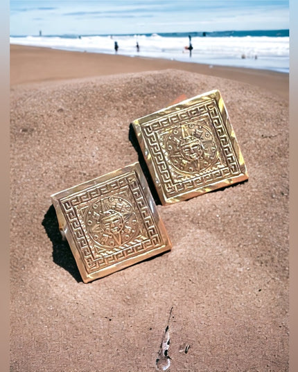 Vintage artist stamp Mexico Taxco 925 Sterling Aztec Mayan Calendar cufflinks