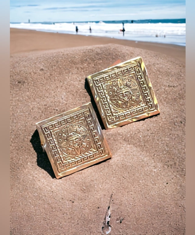 Vintage artist stamp Mexico Taxco 925 Sterling Aztec Mayan Calendar cufflinks
