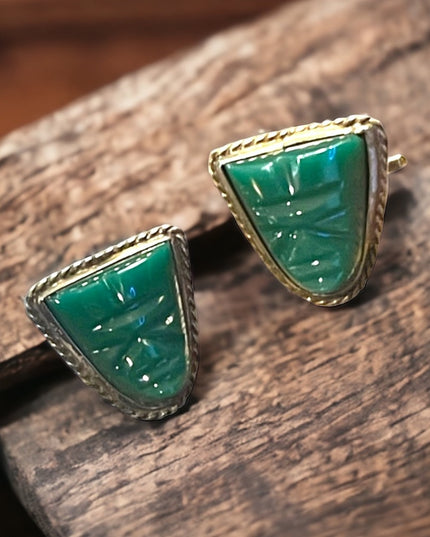 Vintage JVR Mexico 925 Taxco Green Onyx Aztec Mayan cufflinks sterling silver