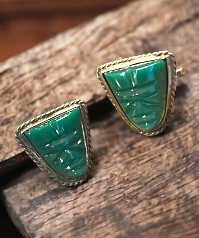 Vintage JVR Mexico 925 Taxco Green Onyx Aztec Mayan cufflinks sterling silver