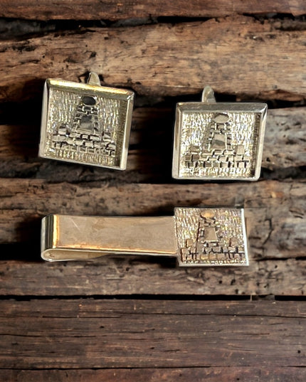 Vintage 1960s Mexico Mayan Aztec pyramids 900 Silver Cuff links & tie clip SET
