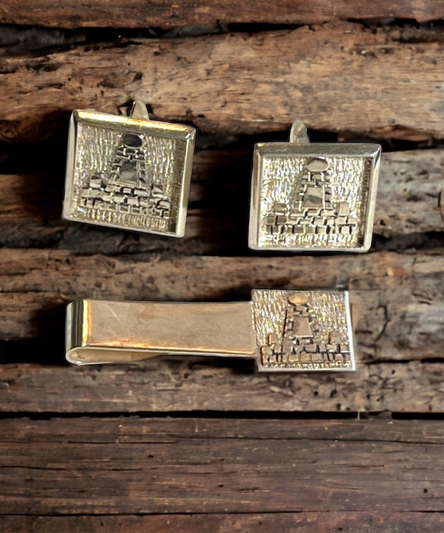 Vintage 1960s Mexico Mayan Aztec pyramids 900 Silver Cuff links & tie clip SET