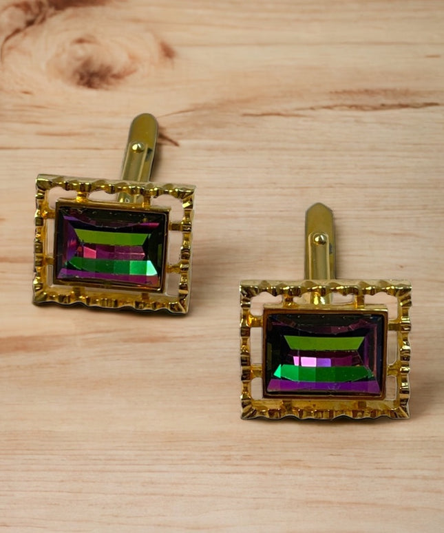 VTG c1960s Chunky gold crystal cufflinks watermellon glass