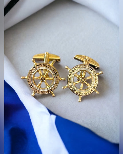 Vintage ships wheel Nautical Damascene gold plate Cuff link cufflinks