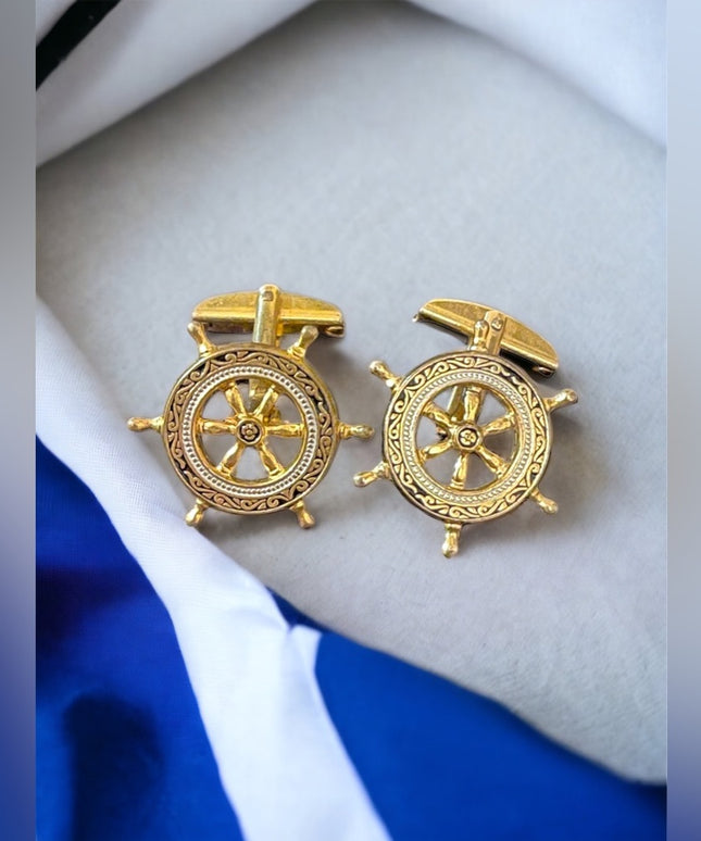 Vintage ships wheel Nautical Damascene gold plate Cuff link cufflinks
