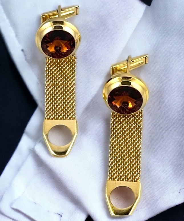 Vintage 1970s Chunky amber color crystal gold finish cufflinks cuff links