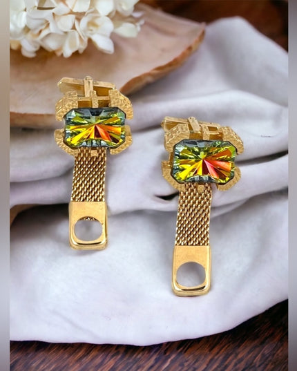 Vintage 1970s Chunky gold nugget large crystal green tellow ish AB cuff links