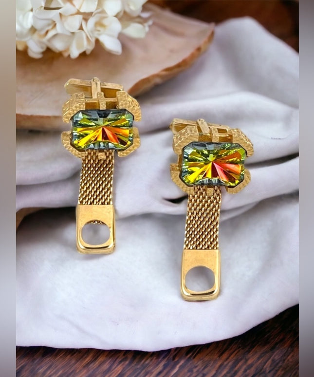 Vintage 1970s Chunky gold nugget large crystal green yellowish AB cuff links