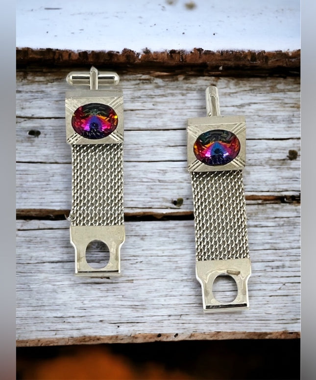 Vintage silver finish chunky crystal cufflinks 1970s