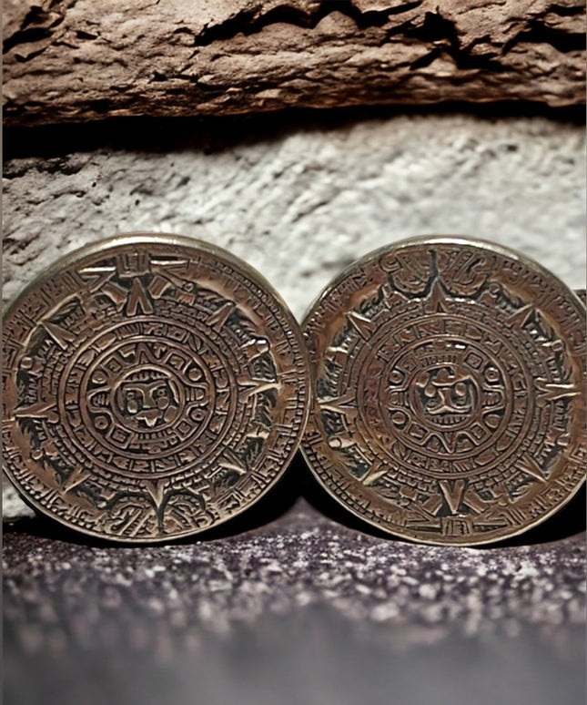 Vintage sterling silver 925 Mayan Aztec Calendar cuff links cufflinks
