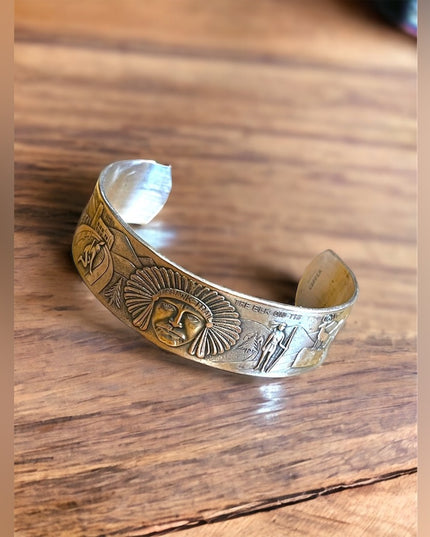Vintage Copper silver Southwestern Navajo Etched Indian Mens Cuff bracelet
