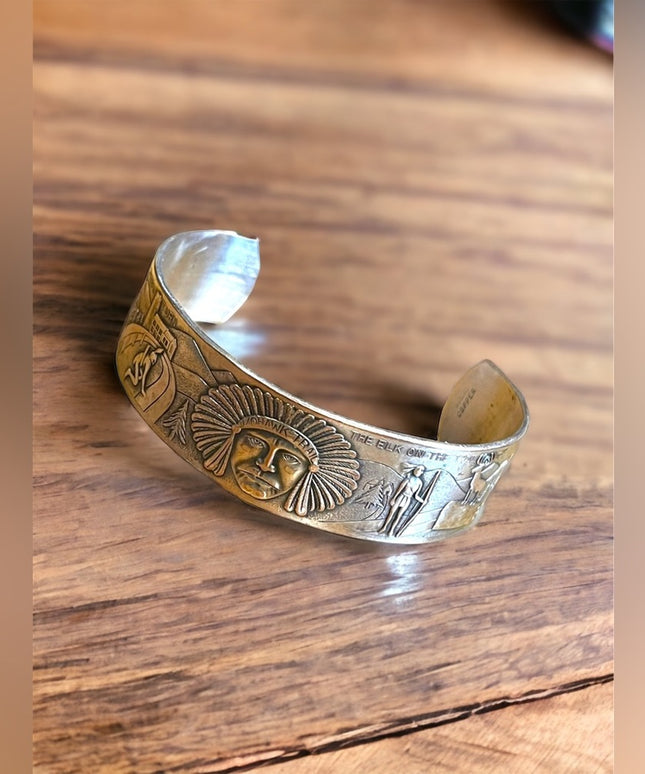Vintage Copper silver Southwestern Navajo Etched Indian Mens Cuff bracelet