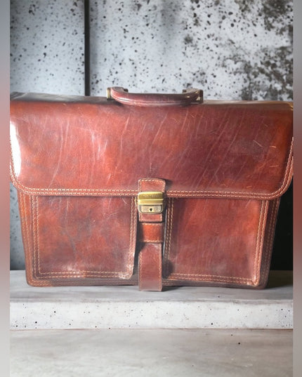 Vintage THE TREND Italian Italy honey Leather briefcase multi pocket distressed