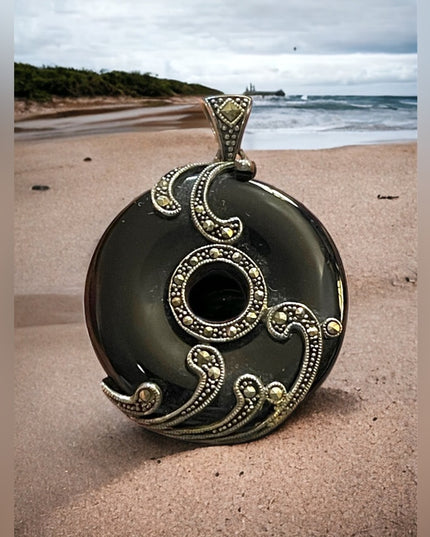Sterling silver marcasite large black onyx fancy ornate disk pendant round