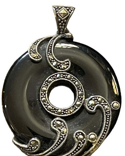 Sterling silver marcasite large black onyx fancy ornate disk pendant round
